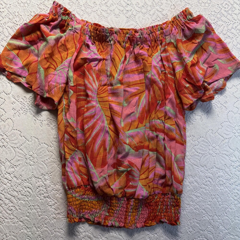 Cynthia Rowley Blouse Womens XS Multicolor Tropical Off Shoulder Smocked Hem